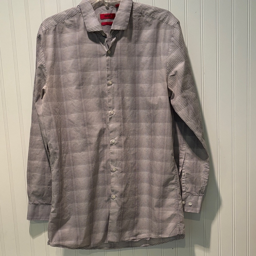HUGO Men's Casual Long Sleeve Checkered Shirt - Gray Size 16 32/33